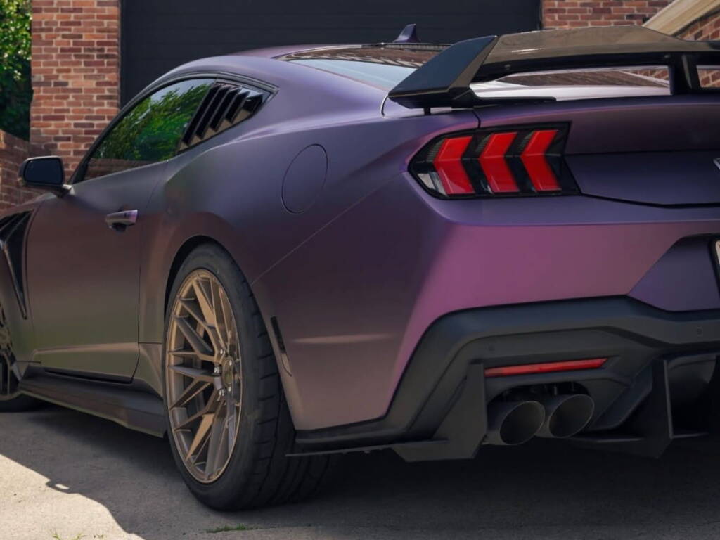 Matte Ford Mustang photographed outside Exodius Auto Protection.